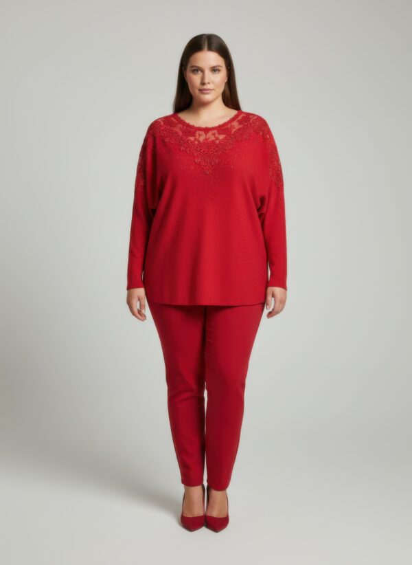 Plus Size Crimson Lace-Embellished Knit Tunic Top