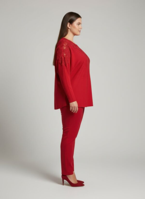 Plus Size Crimson Lace-Embellished Knit Tunic Top