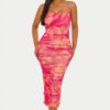 Sunset Bloom Mesh Midi Dress – Floral Ruched Bodycon