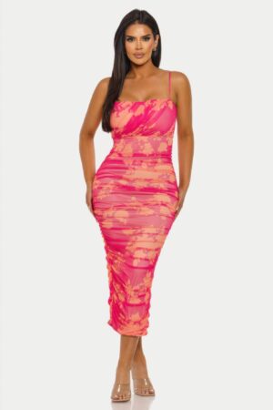 Sunset Bloom Mesh Midi Dress – Floral Ruched Bodycon