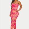 Sunset Bloom Mesh Midi Dress – Floral Ruched Bodycon