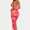 Sunset Bloom Mesh Midi Dress – Floral Ruched Bodycon