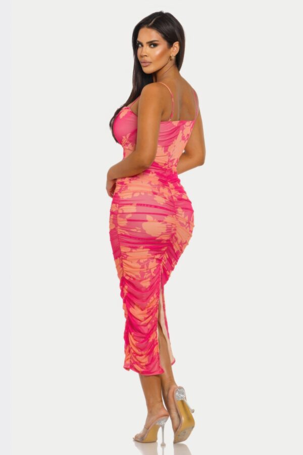 Sunset Bloom Mesh Midi Dress – Floral Ruched Bodycon