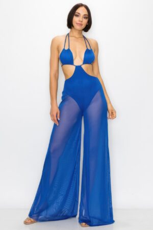 Bikini Top Jumpsuit with Sheer Mesh Wide-Leg Pants