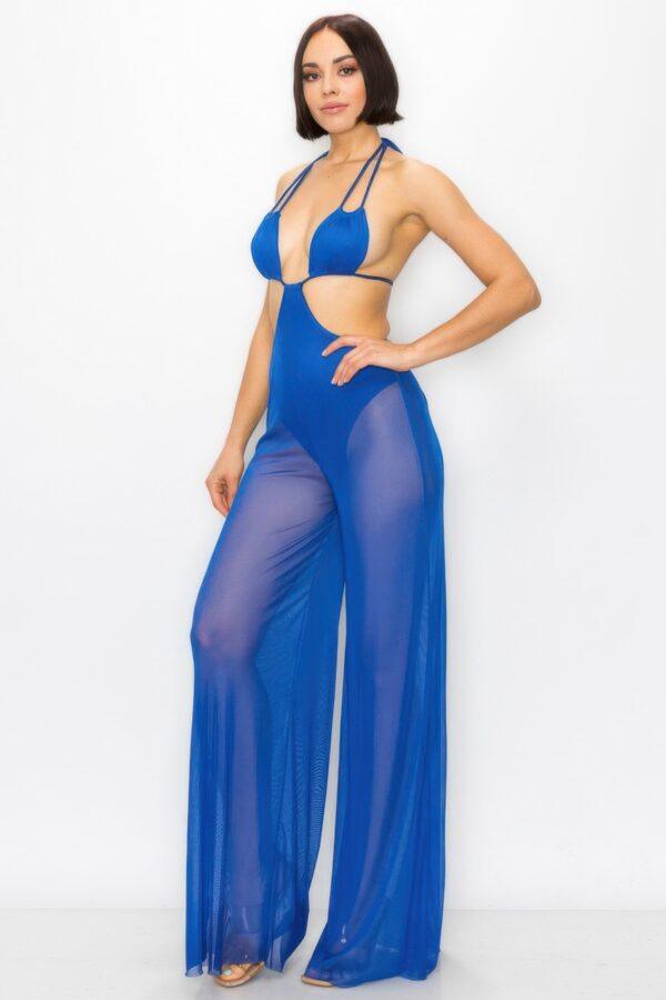 Bikini Top Jumpsuit with Sheer Mesh Wide-Leg Pants