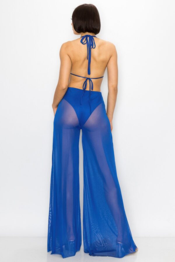 Bikini Top Jumpsuit with Sheer Mesh Wide-Leg Pants