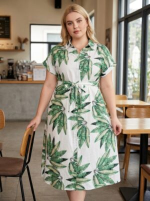 Plus Size Tropical Leaf Collared Midi Dress – Blue on White