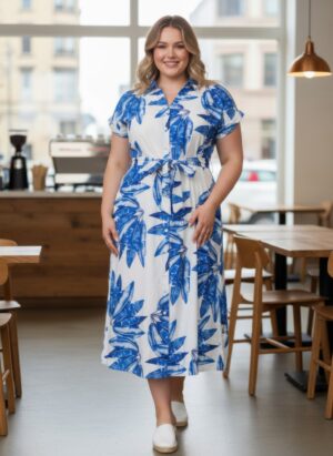 Plus Size Tropical Leaf Shirt-Midi Dress – Blue on White