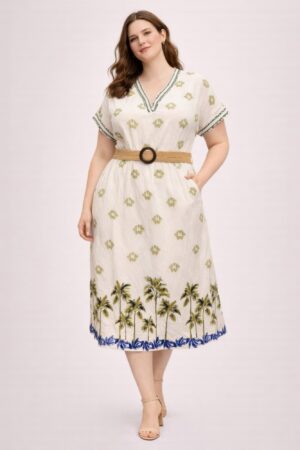 Plus Size Tropical Border Midi Dress with Palm-Hem Belt