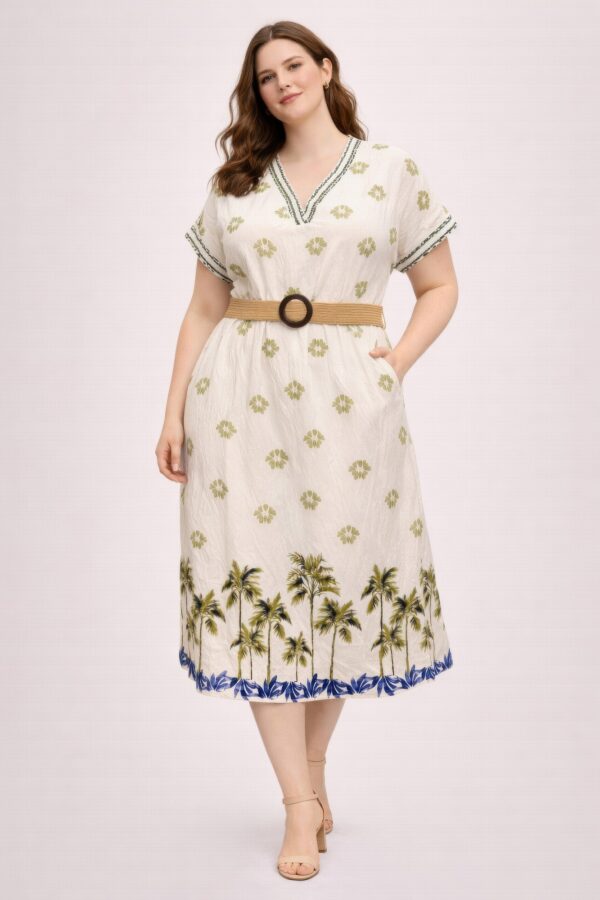 Plus Size Tropical Border Midi Dress with Palm-Hem Belt