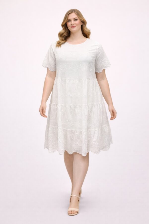 White Eyelet Tiered Dress – Plus Size, Scalloped Trim