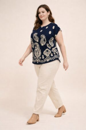 Plus Size Paisley Border Top – Button-Shoulder Brown