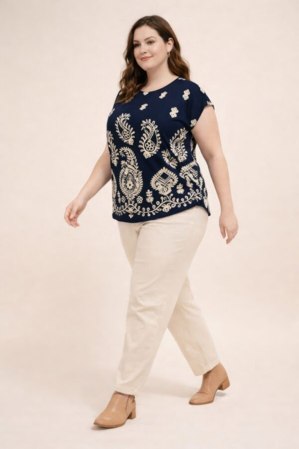 Plus Size Paisley Border Top – Button-Shoulder Brown