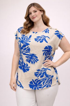 Plus Size Cobalt Tropical Leaf Button-Shoulder Top