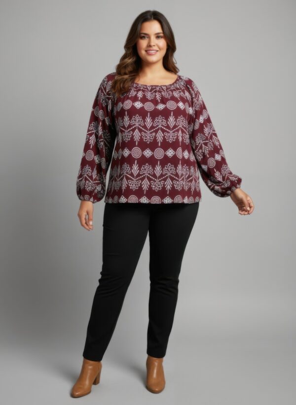 Plus Size Boho Floral Long-Sleeve Blouse – Mocha