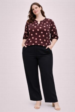 Polka Dot Split-Neck Plus Size Blouse with Puff Sleeves