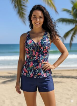 Floral Tankini Swimsuit Set with Navy Boy Shorts