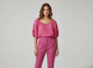 Crochet-Sleeve Scoop-Neck Short Sleeve Blouse