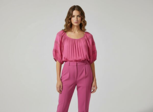 Crochet-Sleeve Scoop-Neck Short Sleeve Blouse