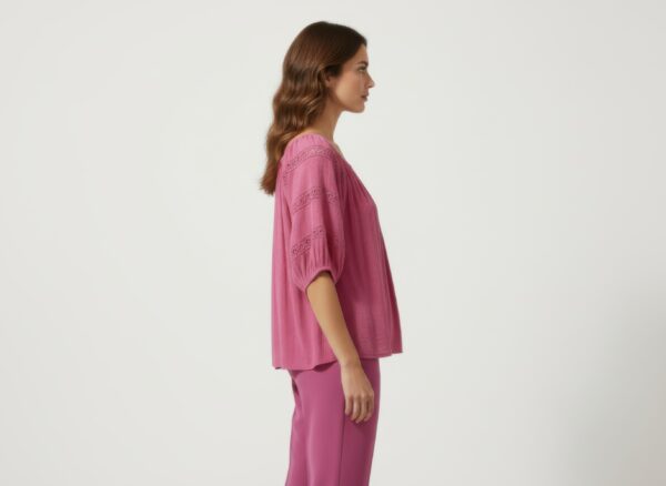 Crochet-Sleeve Scoop-Neck Short Sleeve Blouse
