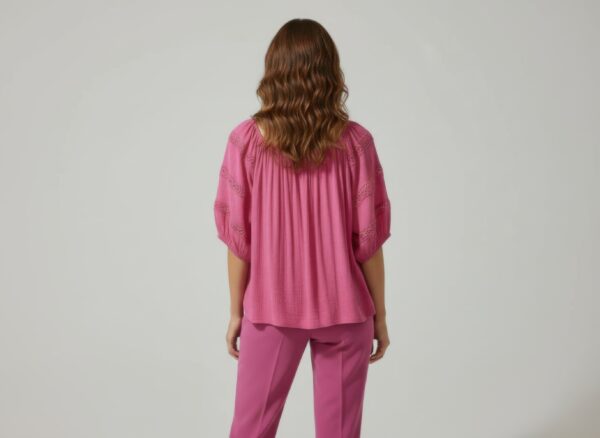 Crochet-Sleeve Scoop-Neck Short Sleeve Blouse
