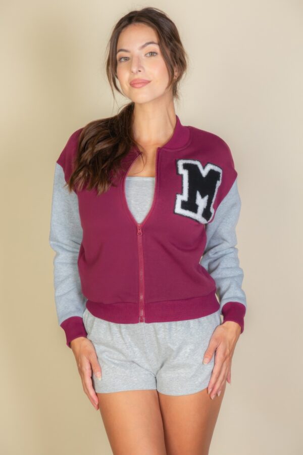 Letter Patch Striped-Trim Varsity Jacket with ‘M’ Logo