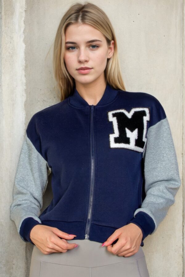 Letter Patch Striped-Trim Varsity Jacket with ‘M’ Logo