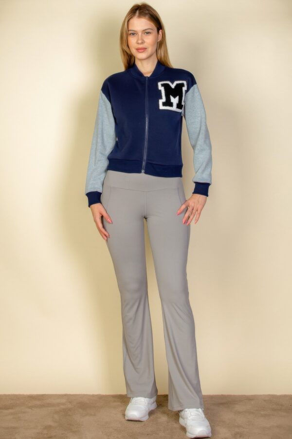 Letter Patch Striped-Trim Varsity Jacket with ‘M’ Logo