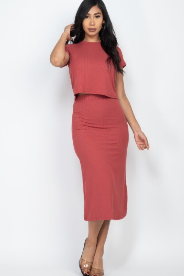 Short-Sleeve Ribbed Top & Midi Skirt Set – Stretch Rib