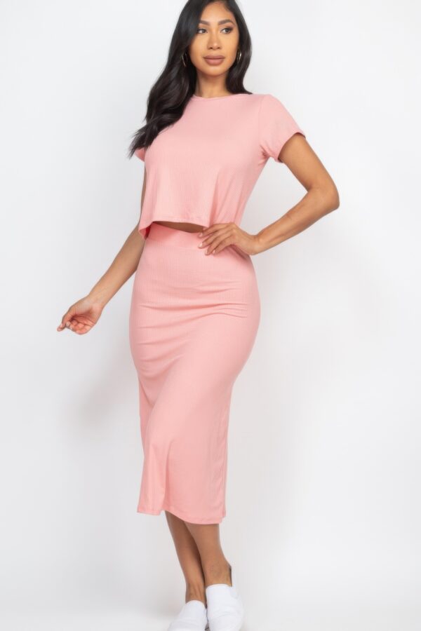 Short-Sleeve Ribbed Top & Midi Skirt Set – Stretch Rib