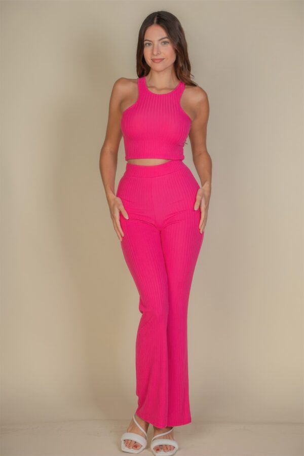 Ribbed Crop Top & Bootcut Pants Set – Stretch Knit