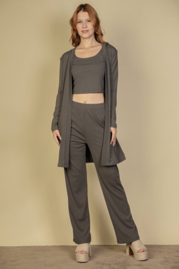 Flat-Back Rib 3-Piece Cami Set with Long Cardigan