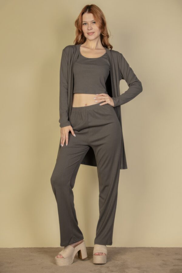 Flat-Back Rib 3-Piece Cami Set with Long Cardigan