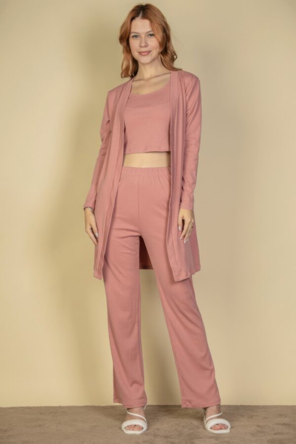 Flat-Back Rib 3-Piece Cami Set with Long Cardigan
