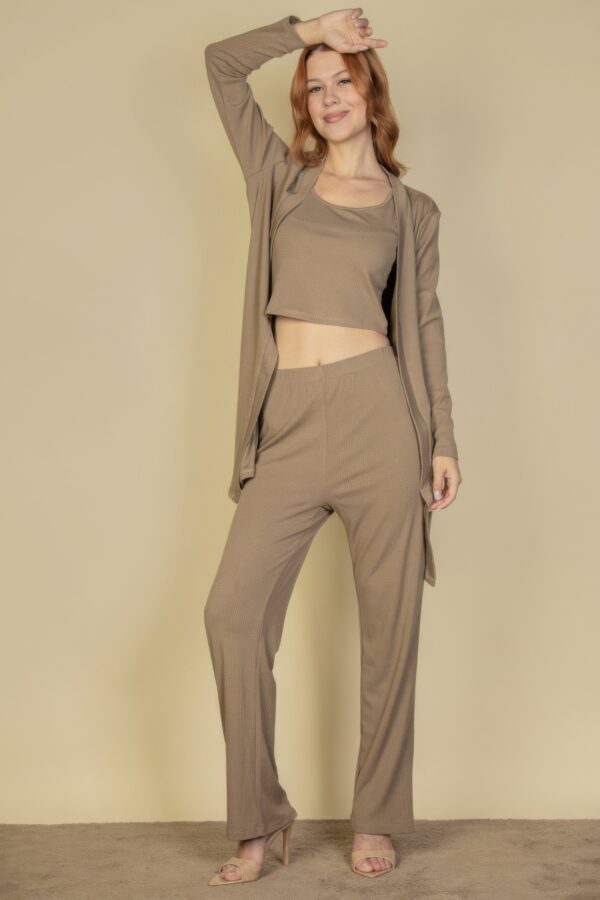 Flat-Back Rib 3-Piece Cami Set with Long Cardigan