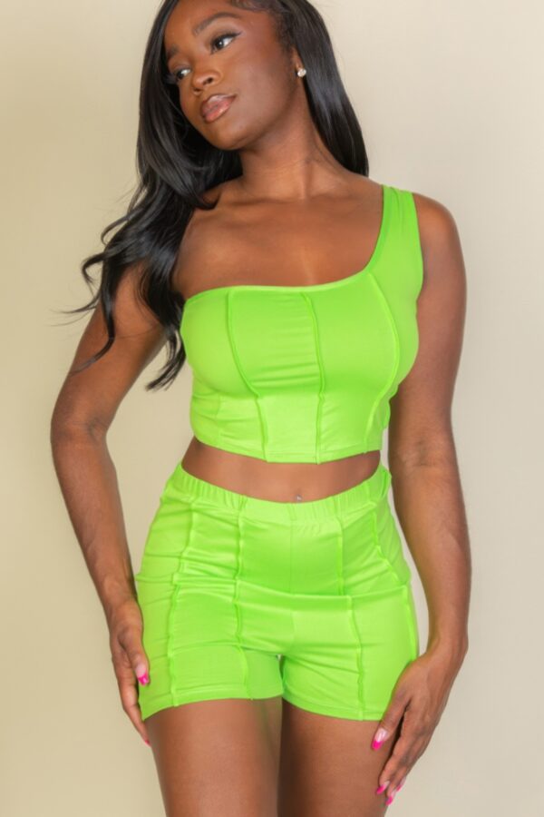 Exposed Seam One-Shoulder Crop Top and Shorts Set