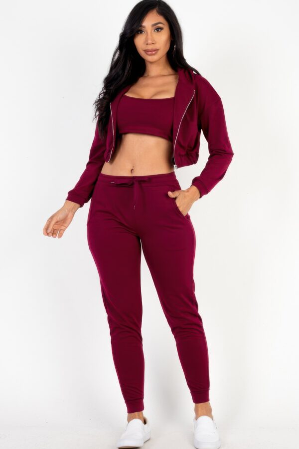 French Terry Cropped Cami Set with Zip-Up Jacket & Joggers