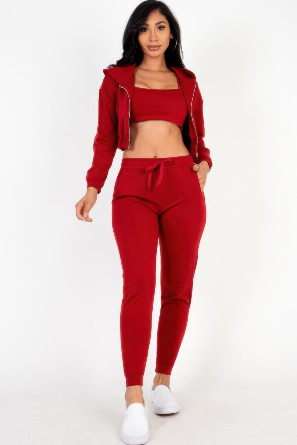 French Terry Cropped Cami Set with Zip-Up Jacket & Joggers