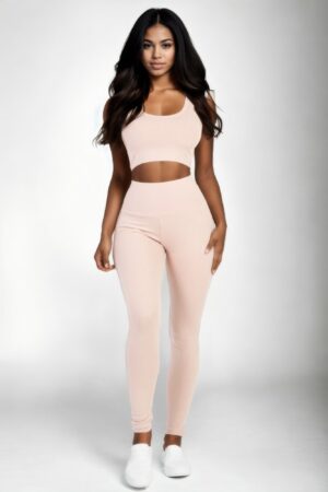 Ribbed Crop Top and High-Waist Leggings Set – Stretch Jersey