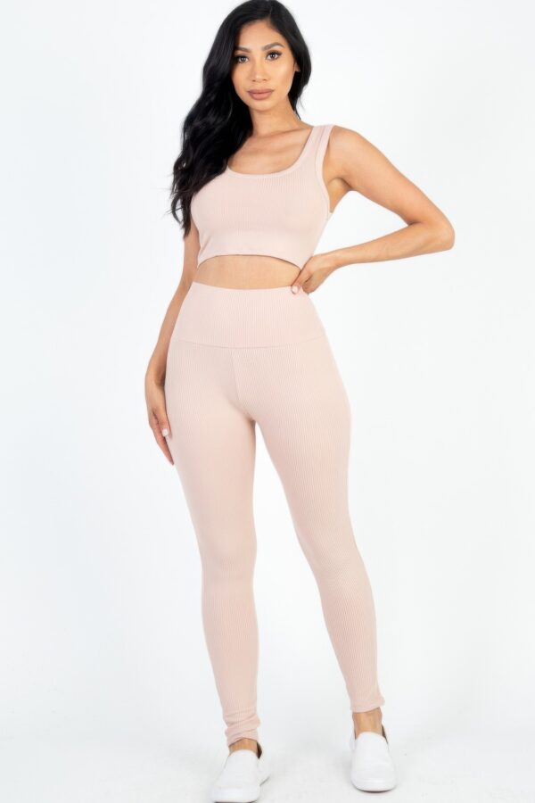 Ribbed Crop Top and High-Waist Leggings Set – Stretch Jersey