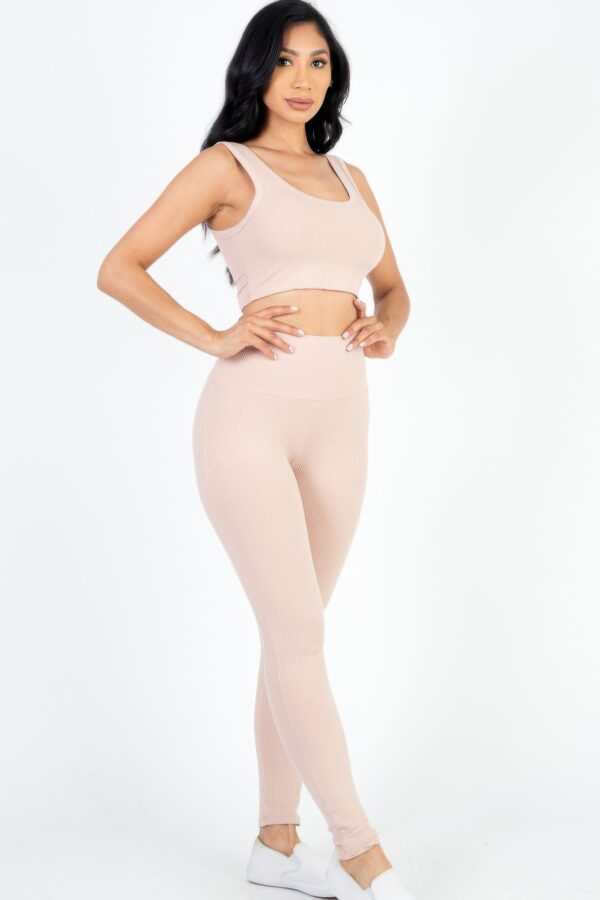 Ribbed Crop Top and High-Waist Leggings Set – Stretch Jersey