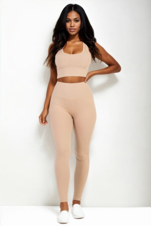 Ribbed Crop Top and High-Waist Leggings Set – Stretch Jersey