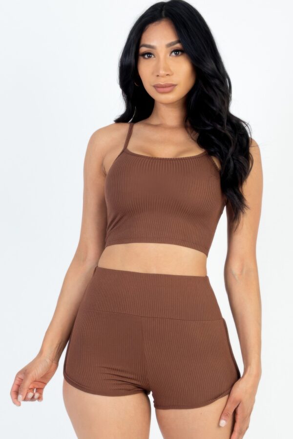 Ribbed Cami Crop & Ruched Shorts Set – Side Ruching