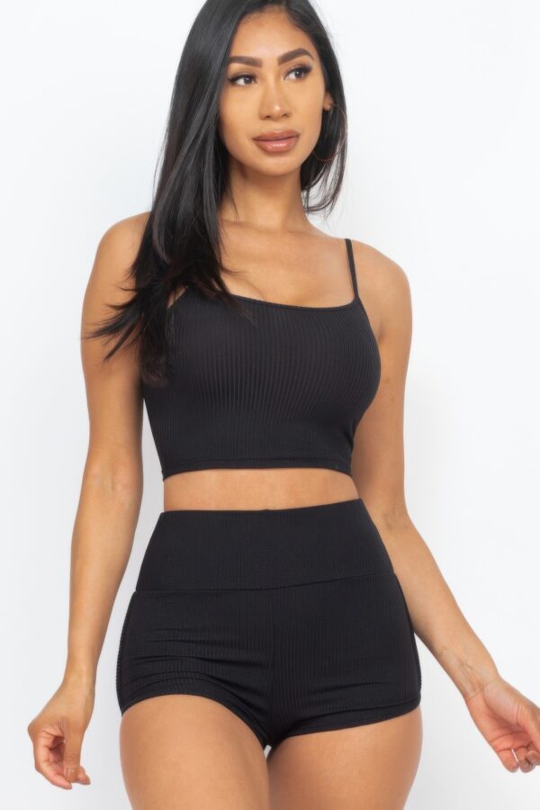 Ribbed Cami Crop & Ruched Shorts Set – Side Ruching