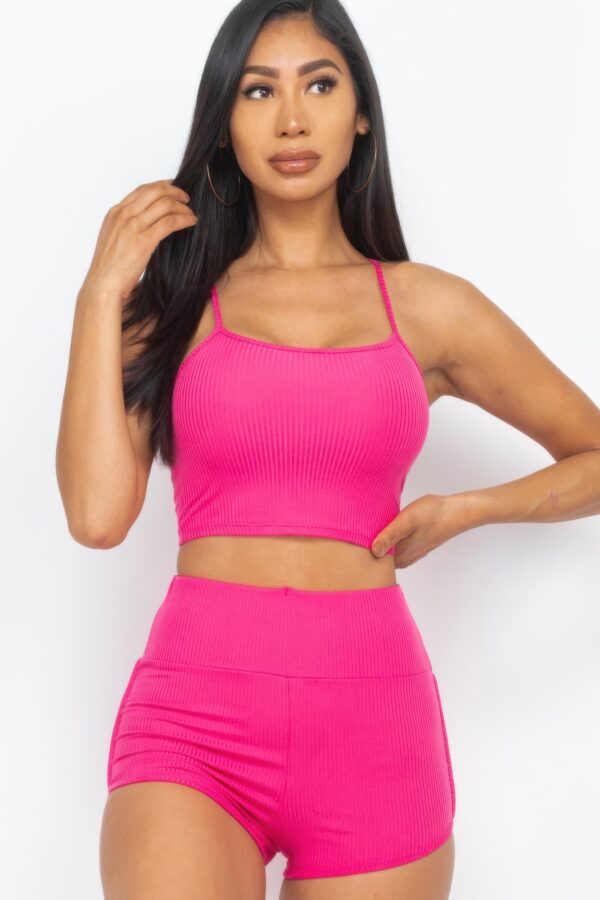 Ribbed Cami Crop & Ruched Shorts Set – Side Ruching