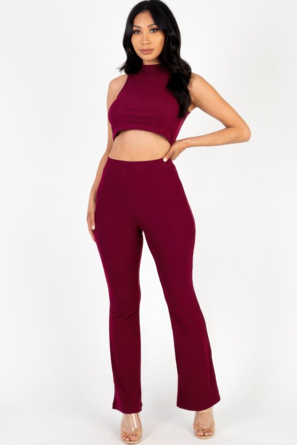 Ribbed Mock Neck Crop Tank & Bootcut Pants Set