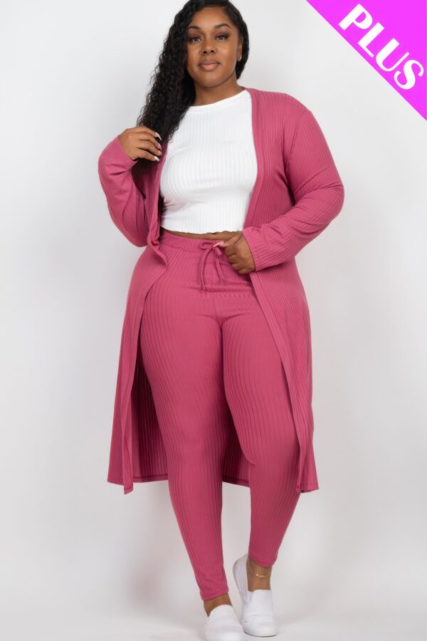 Plus Size Ribbed Long Cardigan & Leggings Set – Stretch Knit