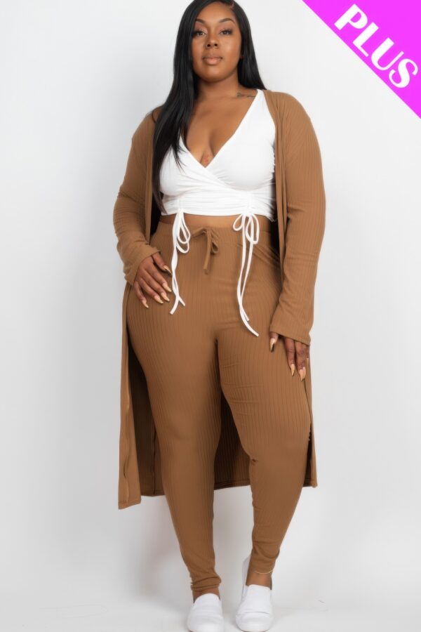 Plus Size Ribbed Long Cardigan & Leggings Set – Stretch Knit