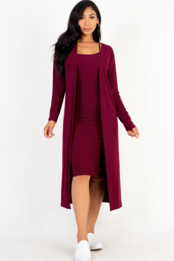 Ribbed Cardigan & Cami Midi Bodycon Dress Set