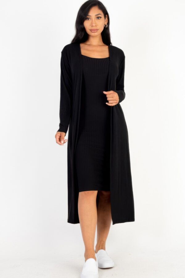 Ribbed Cardigan & Cami Midi Bodycon Dress Set